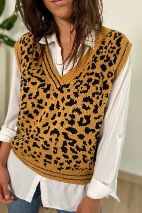 Brown Leopard Print Knitted Vest Sweater