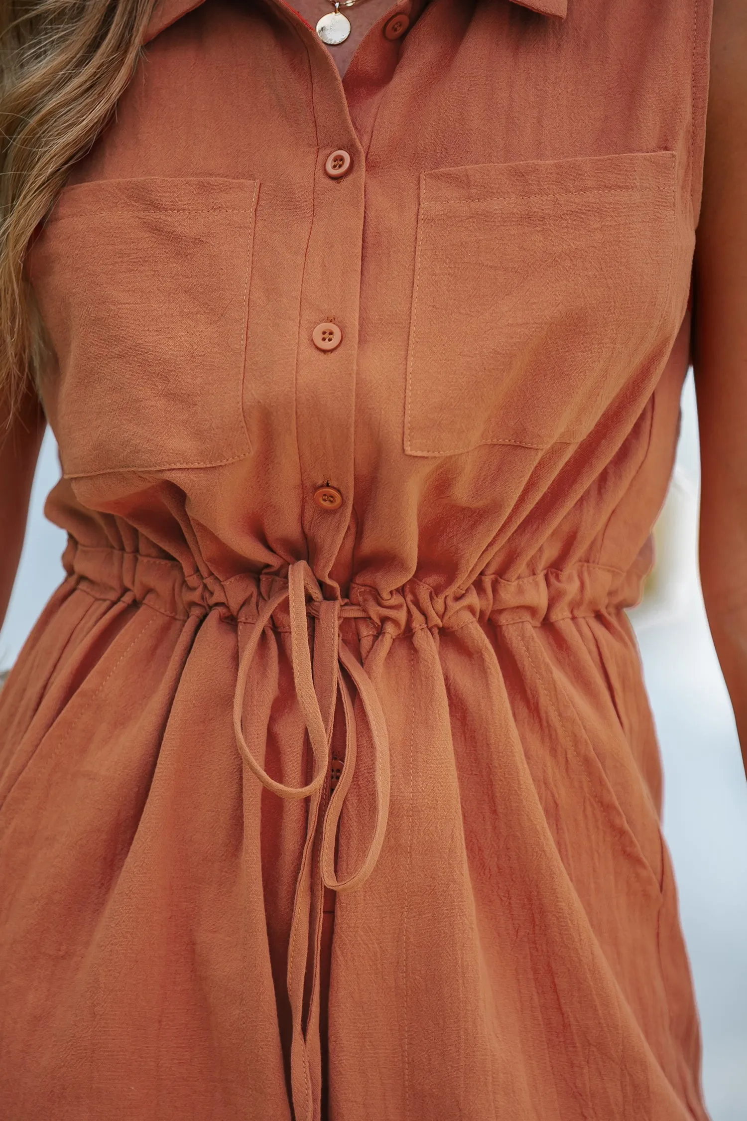 Burnt Orange Buttoned Drawstring Romper