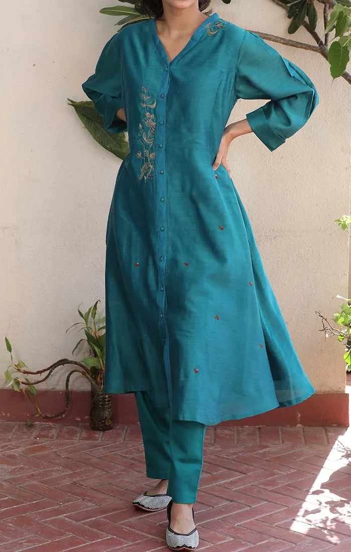 Front Open Chanderi Tunic - Blue Vitrilo