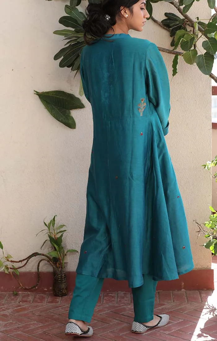 Front Open Chanderi Tunic - Blue Vitrilo