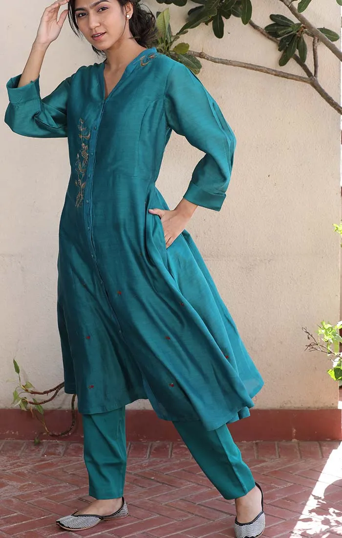 Front Open Chanderi Tunic - Blue Vitrilo