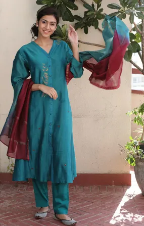 Front Open Chanderi Tunic - Blue Vitrilo