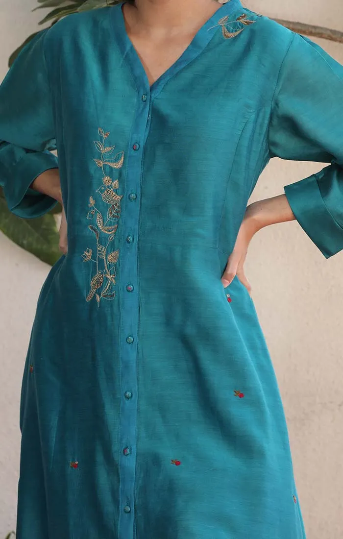 Front Open Chanderi Tunic - Blue Vitrilo