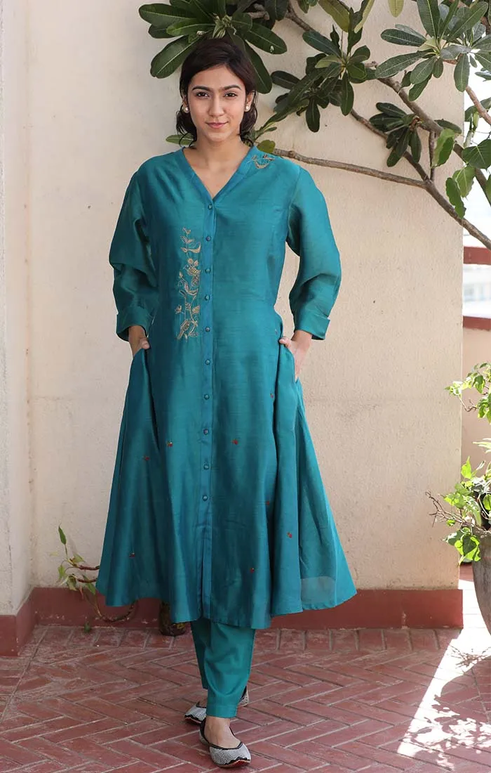 Front Open Chanderi Tunic - Blue Vitrilo