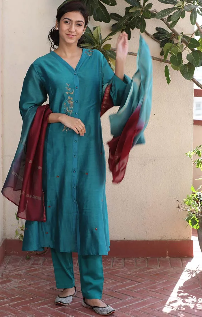 Front Open Chanderi Tunic - Blue Vitrilo