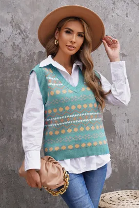 Green Tribal Print V Neck Knitted Vest Sweater
