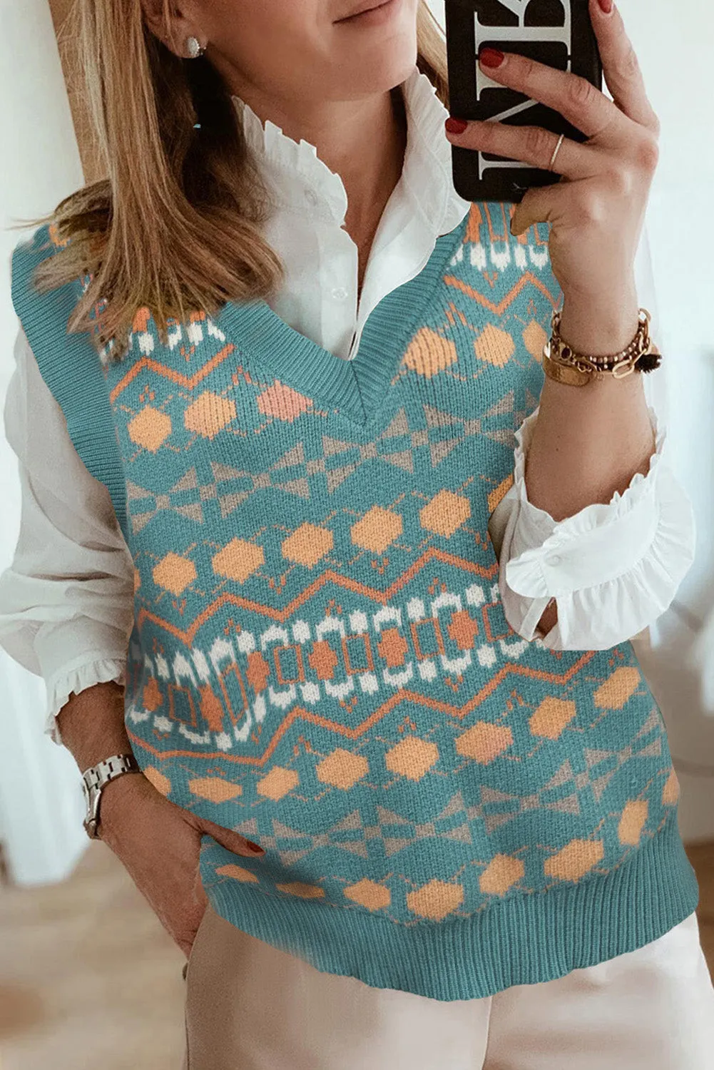 Green Tribal Print V Neck Knitted Vest Sweater