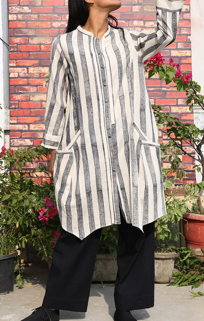 Handblock Printed Charcoal Striped Tunic with Pants