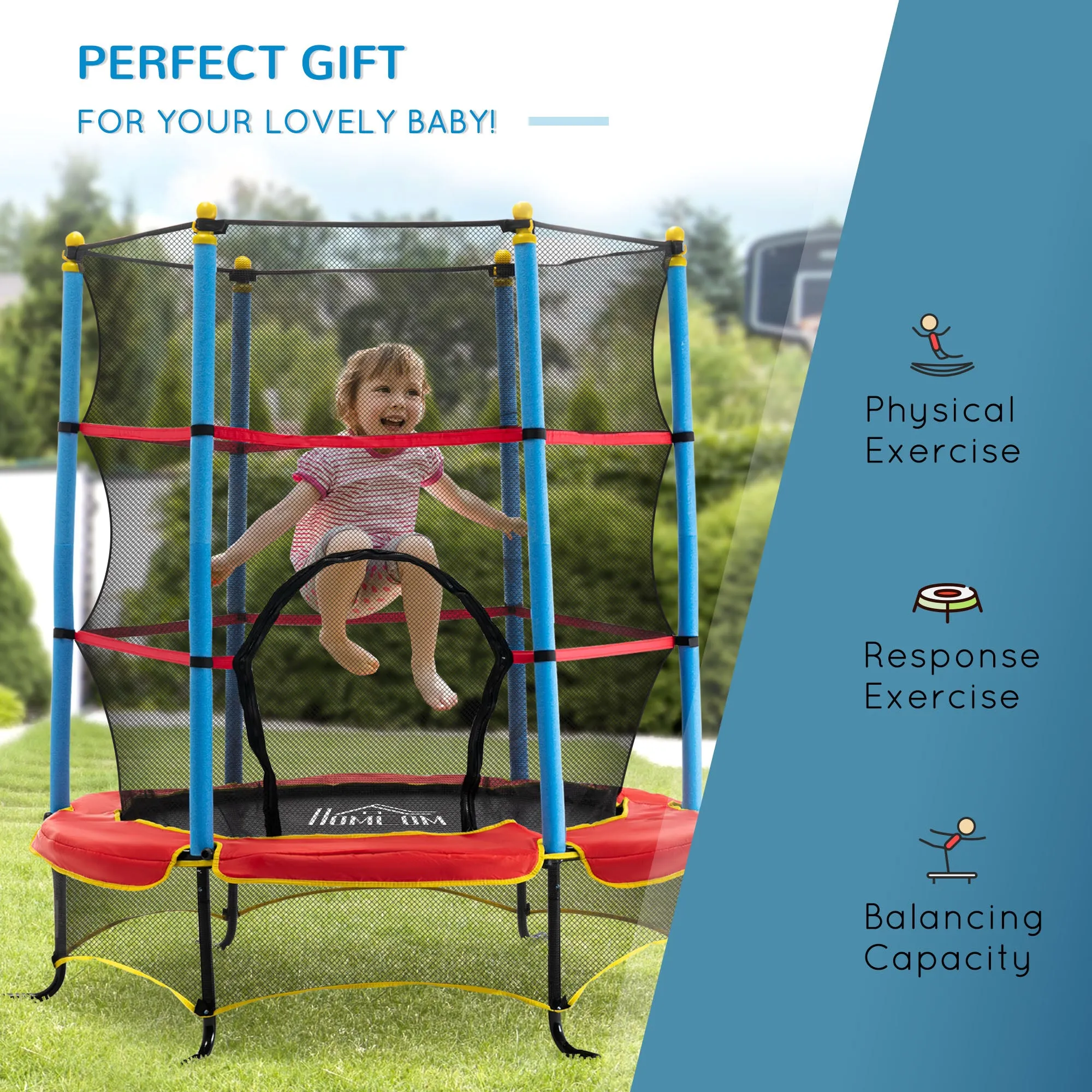 HOMCOM Trampoline for Kids w/Enclosure Net Built-in Zipper Safety Pad 3-6 Year