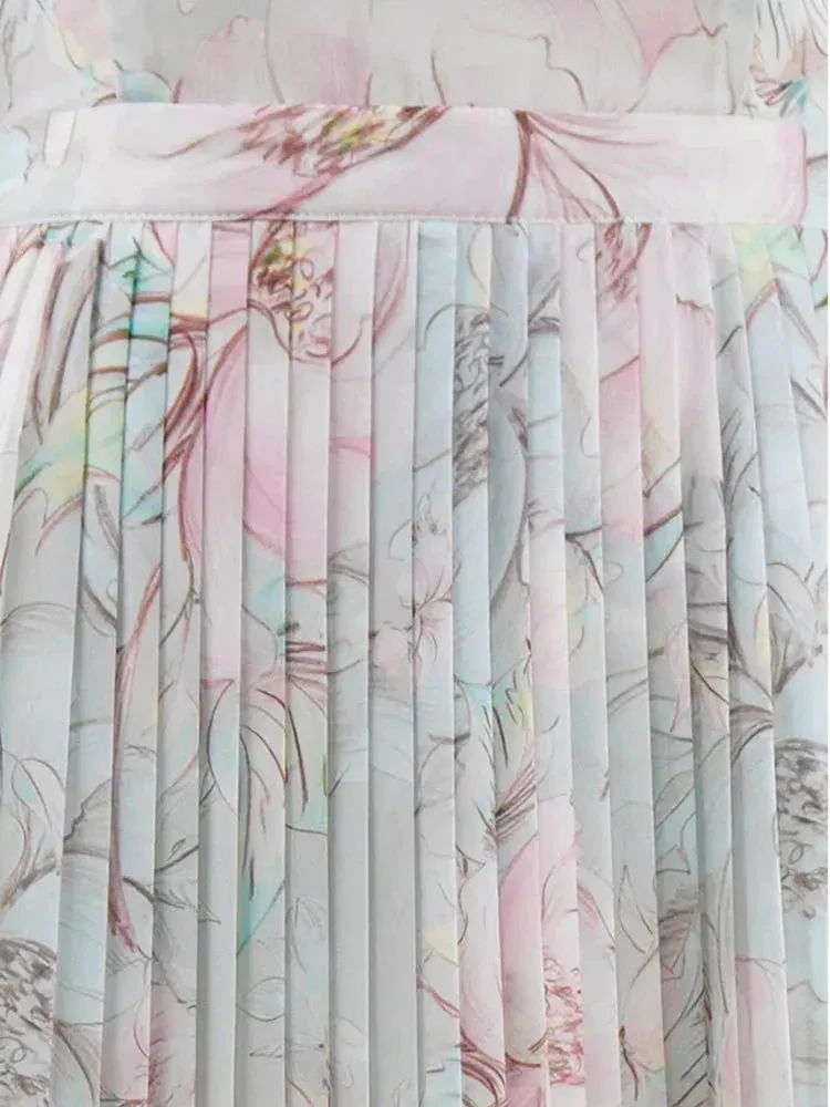 Metaversmall Elegant Spliced Folds Printed Dresses For Women O Neck Puff Sleeve High Waist Patchwork Belt Runway Fashion Dress Female New