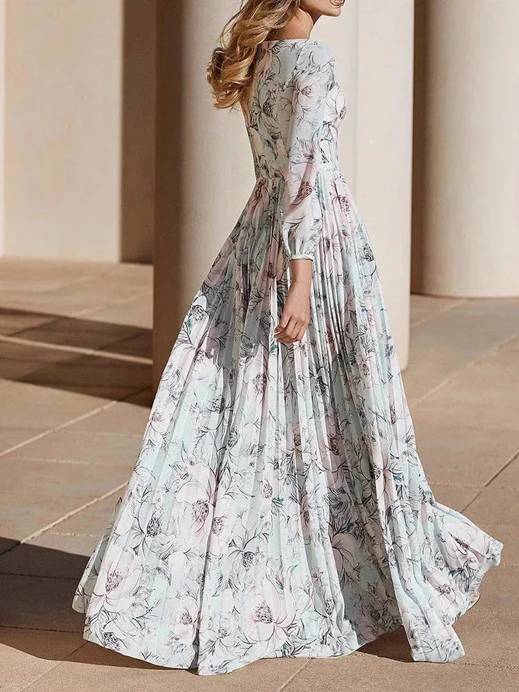 Metaversmall Elegant Spliced Folds Printed Dresses For Women O Neck Puff Sleeve High Waist Patchwork Belt Runway Fashion Dress Female New