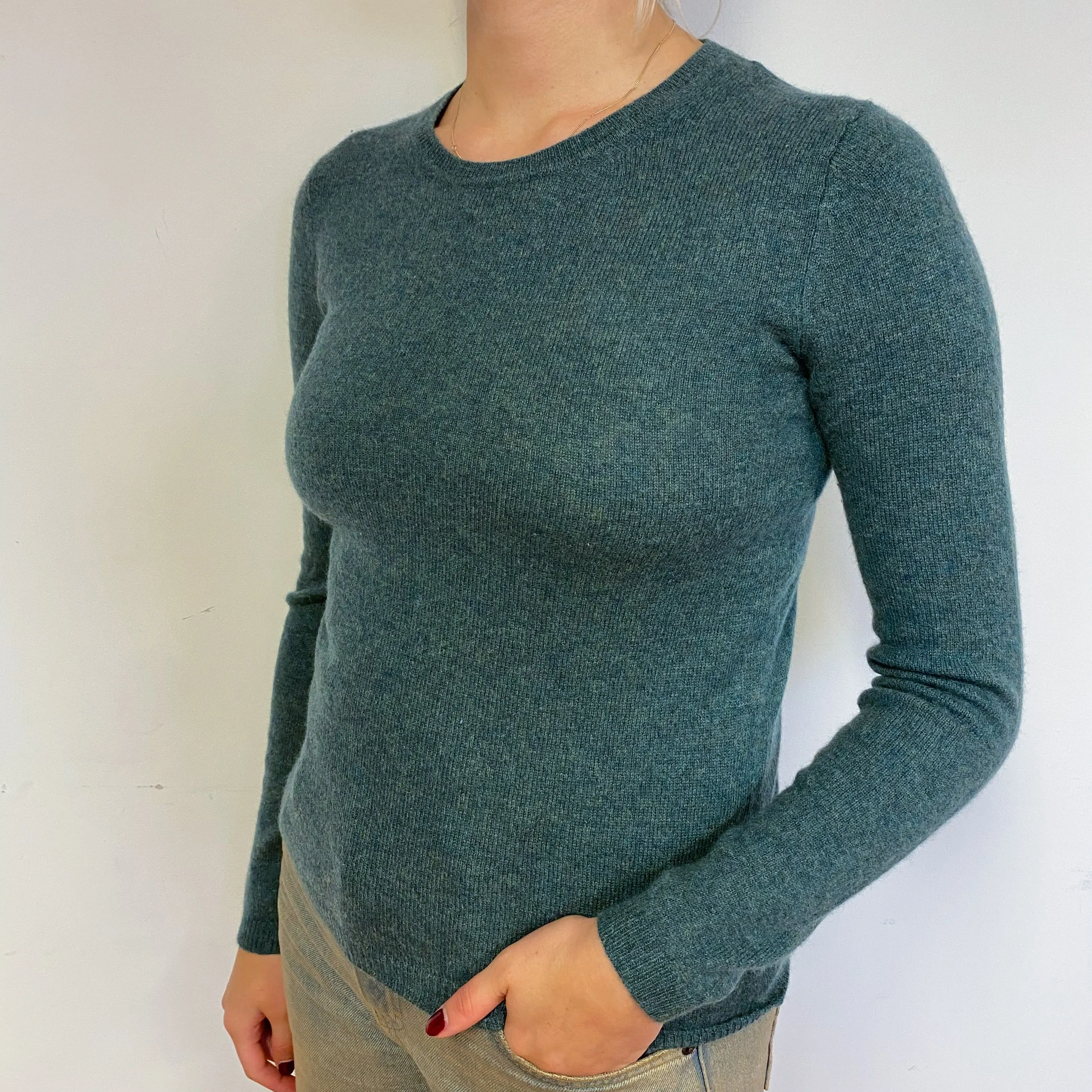 Spruce Green Lightweight Cashmere Crew Neck Jumper Small