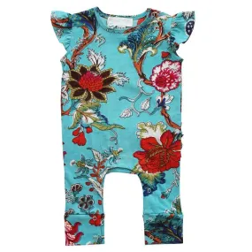 Teal Exotic Flower Short Sleeve Jumpsuit