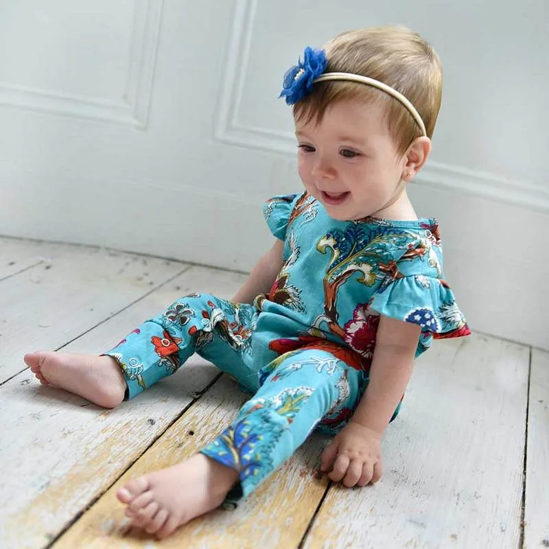 Teal Exotic Flower Short Sleeve Jumpsuit