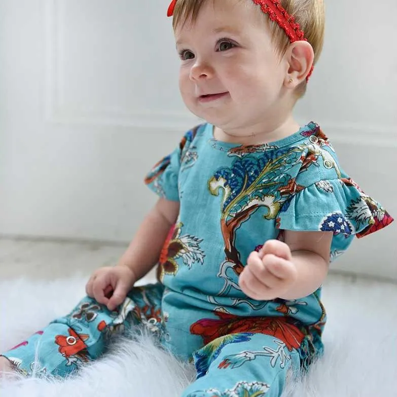 Teal Exotic Flower Short Sleeve Jumpsuit