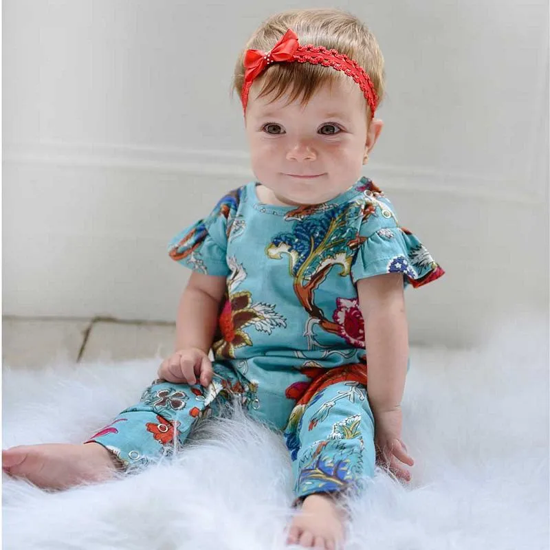 Teal Exotic Flower Short Sleeve Jumpsuit