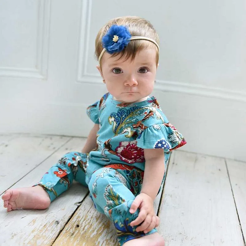 Teal Exotic Flower Short Sleeve Jumpsuit