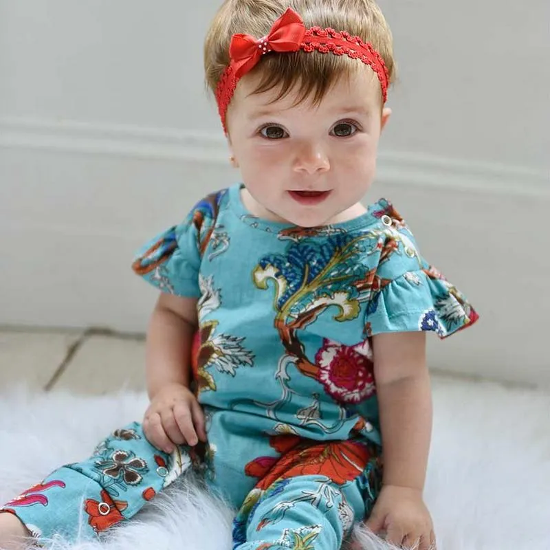 Teal Exotic Flower Short Sleeve Jumpsuit