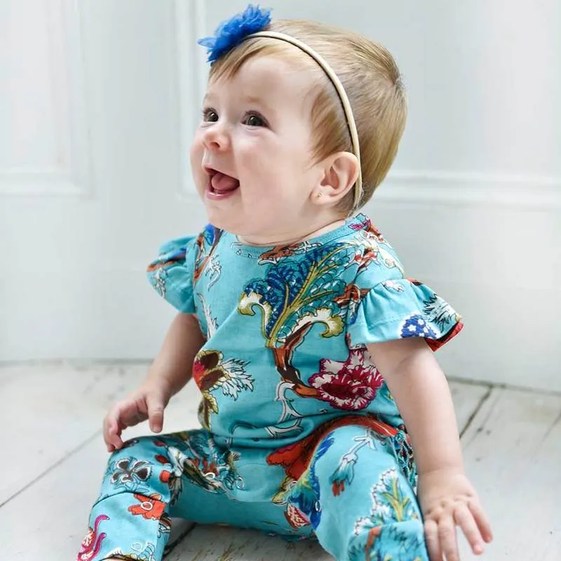 Teal Exotic Flower Short Sleeve Jumpsuit