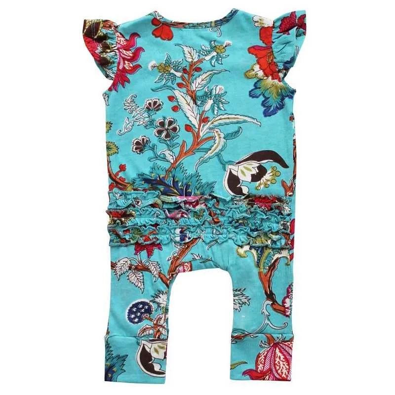 Teal Exotic Flower Short Sleeve Jumpsuit