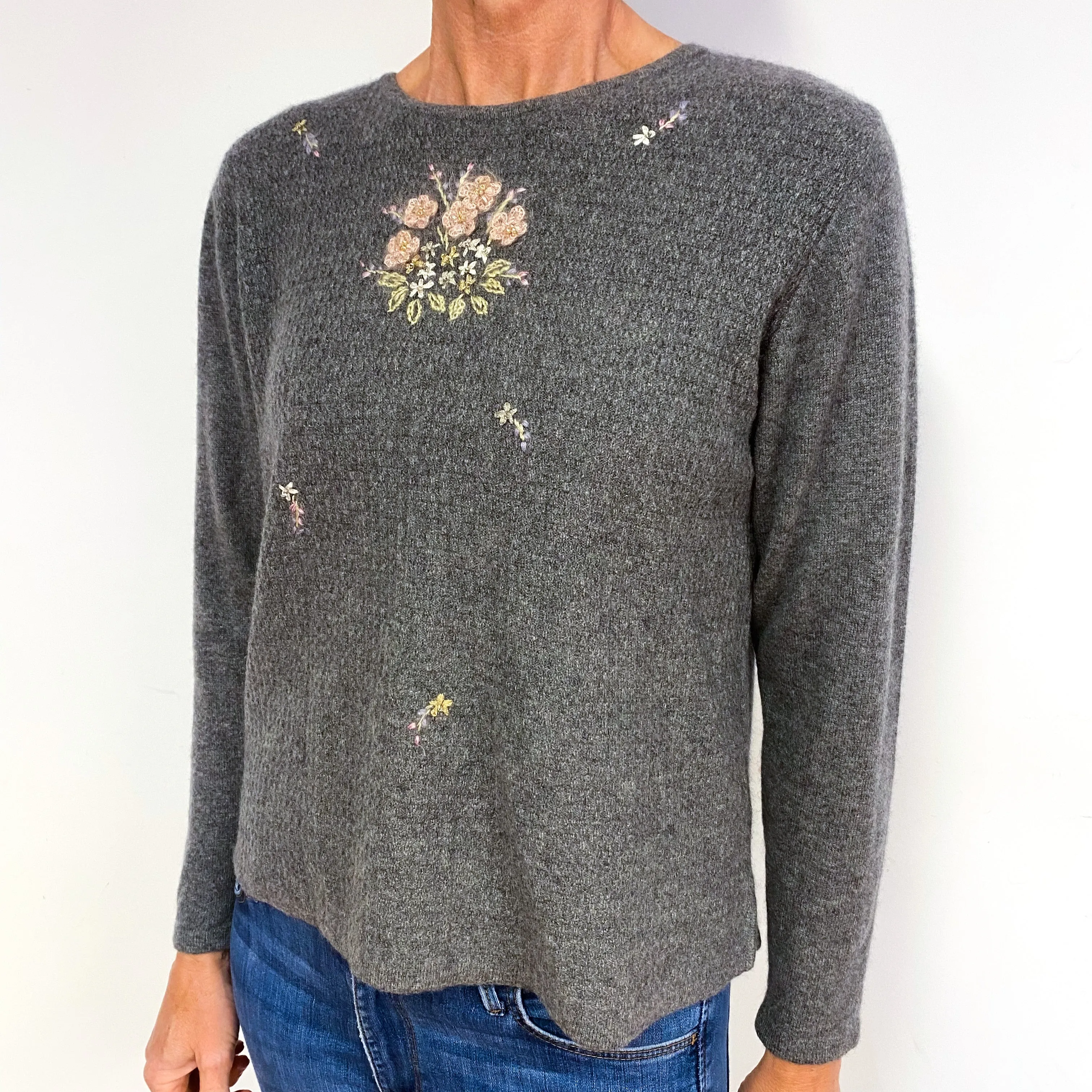 Vintage Slate Grey Waffle Knit Embellished Cashmere Crew Neck Jumper Medium