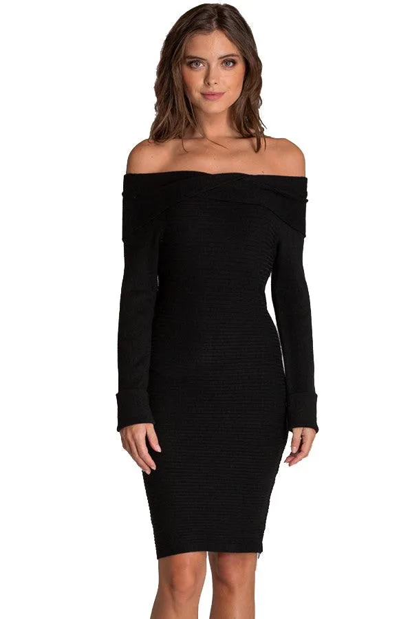 Women’s Black Off Shoulder Fitted Knit Sweater Dress