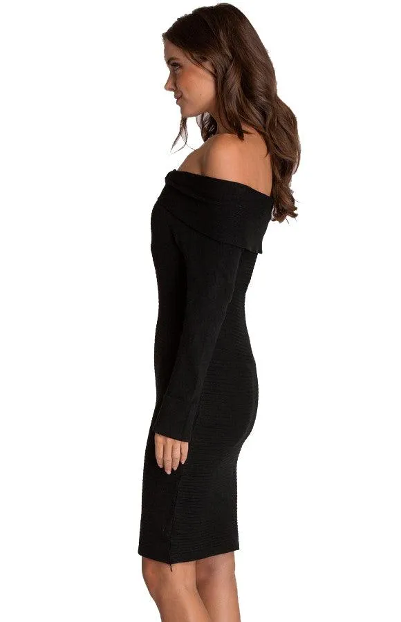 Women’s Black Off Shoulder Fitted Knit Sweater Dress