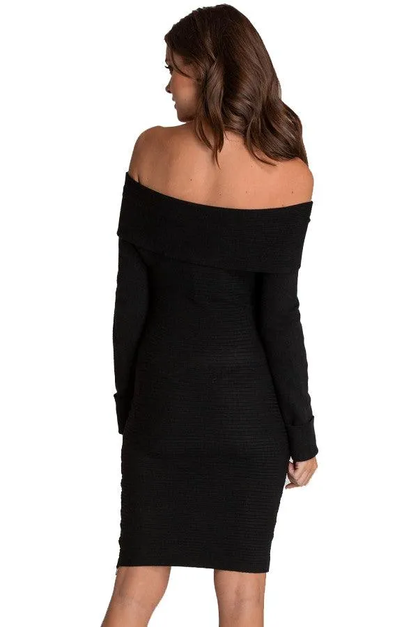 Women’s Black Off Shoulder Fitted Knit Sweater Dress